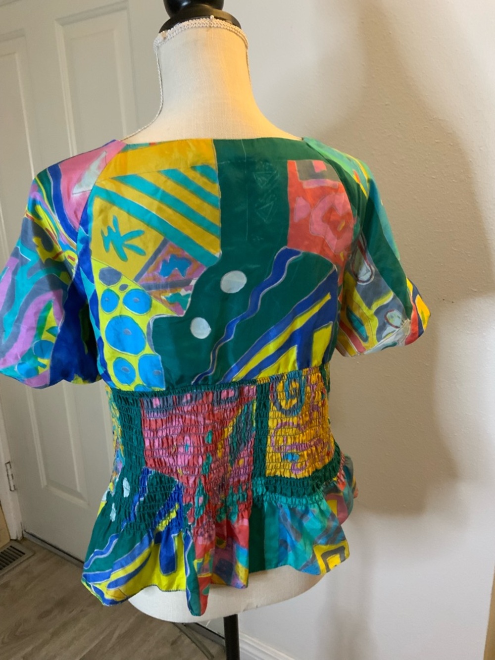 Ralph Lauren Multicolor V-Neck Smocked Peplum Blouse - Picture 2 of 5
